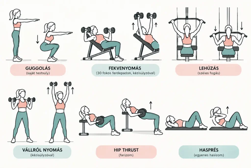 Teljes testes edzés gyakorlatai: guggolás, fekvenyomás, lehúzás, vállból nyomás, hip thrust és hasprés